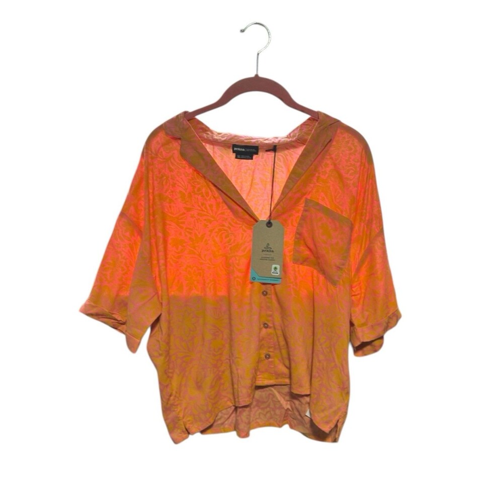 prAna Iguala Top Women’s XL NWT Orange Coral Floral Button Front